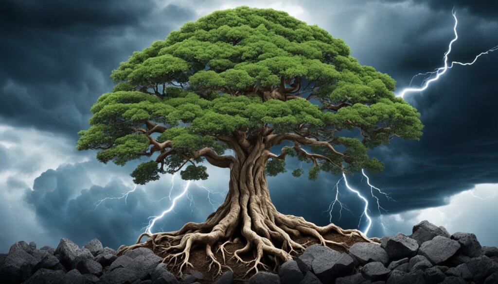 a large oak tree growing on rocks with a storm in the background