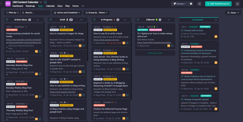 my personal kanban view on niftypm of tasks