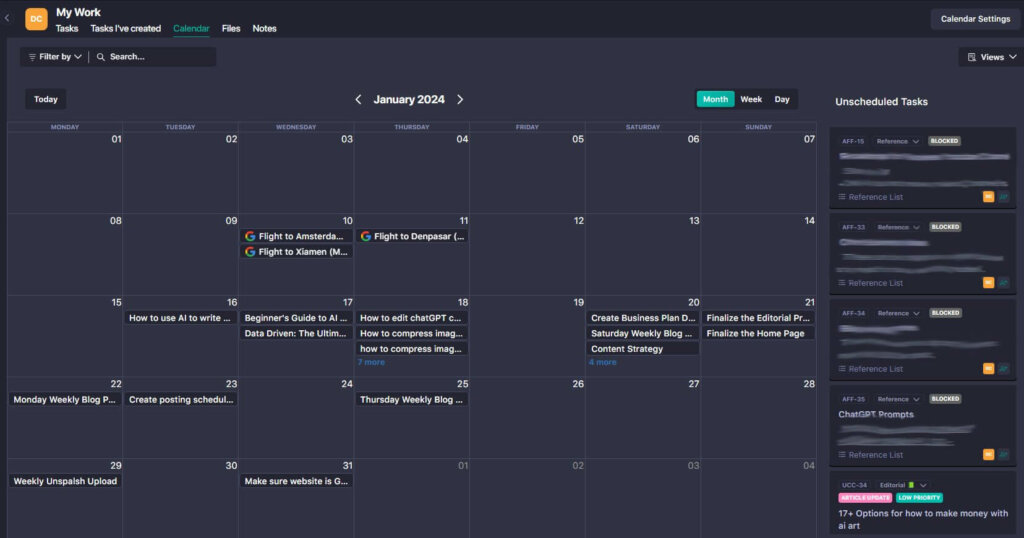 my personal calendar view of my work in niftypm screenshot