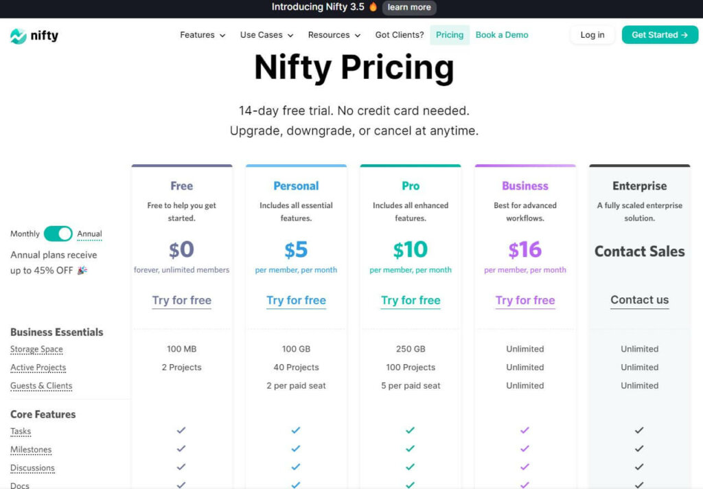niftypm pricing screenshot annually
