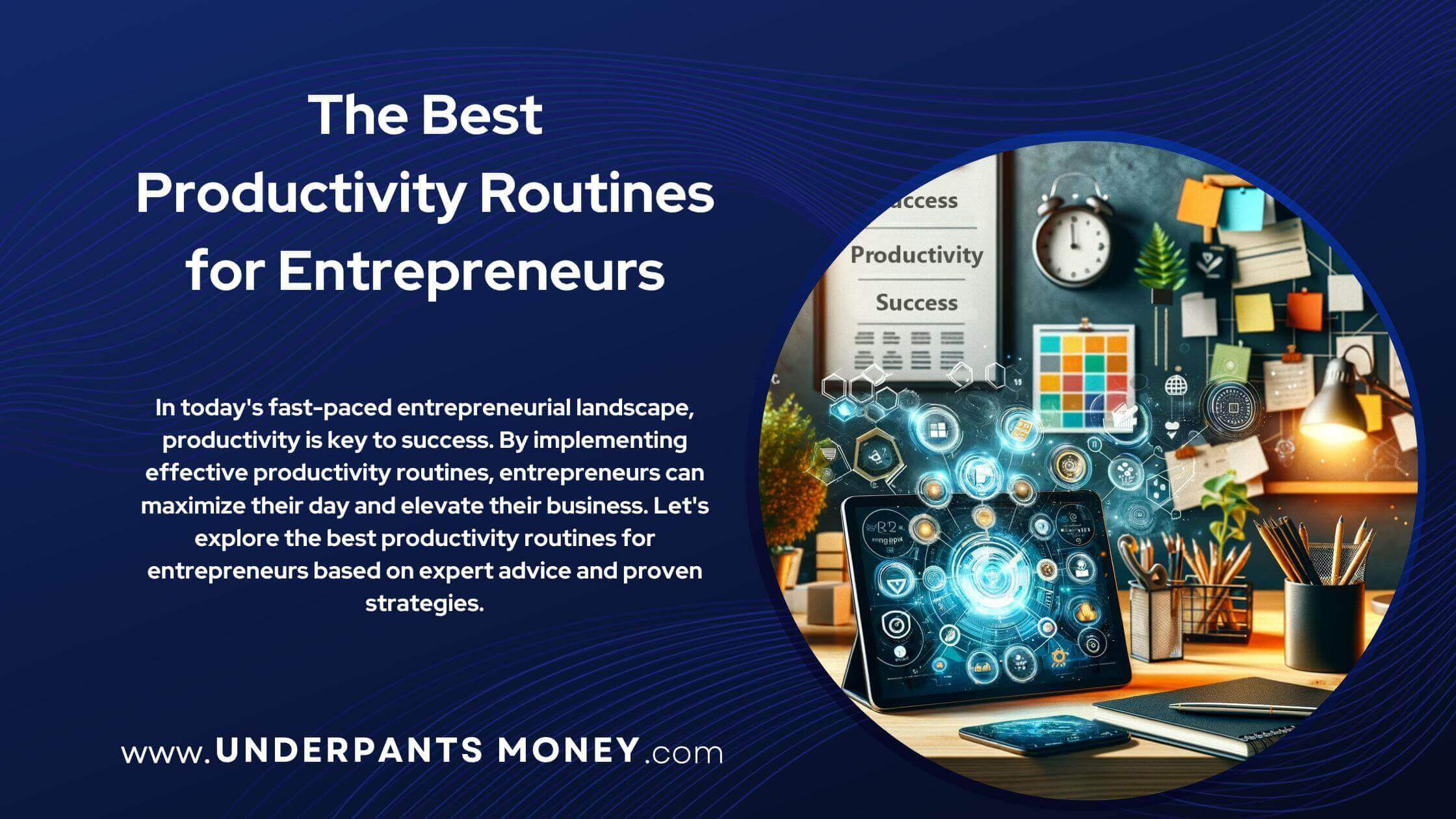 The Best productivity routines for entrepreneurs title and description on blue with image of productive office on the right