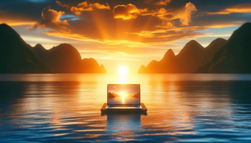 An open laptop floating on water with a beautiful sunrise behind it