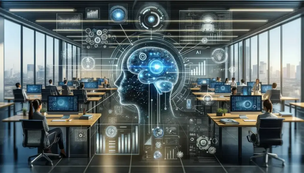 many desks in an office surrounding an ai brain displaying graphs showing interconnectedness