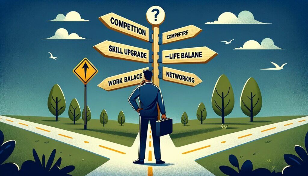Illustration of a man standing in front of a sign with many directions to improve life