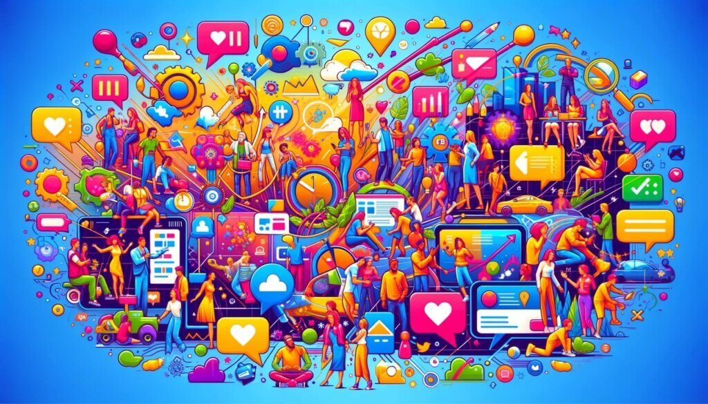 A vibrant illustration of various social media icons in a collage