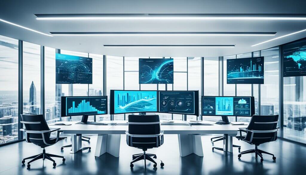Empty office with computer monitors displaying AI analyzing data