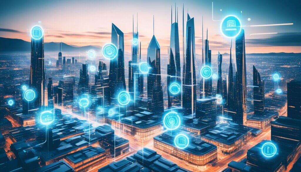 a futuristic city with glowing blue digital spheres representing AI in Business