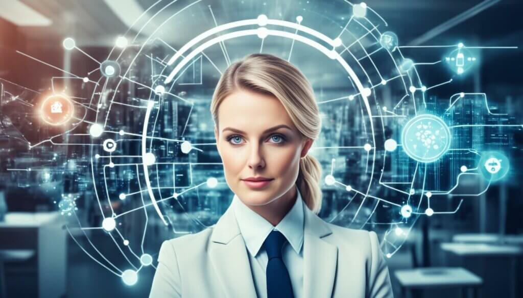 Woman in business suit with AI symbols floating around her