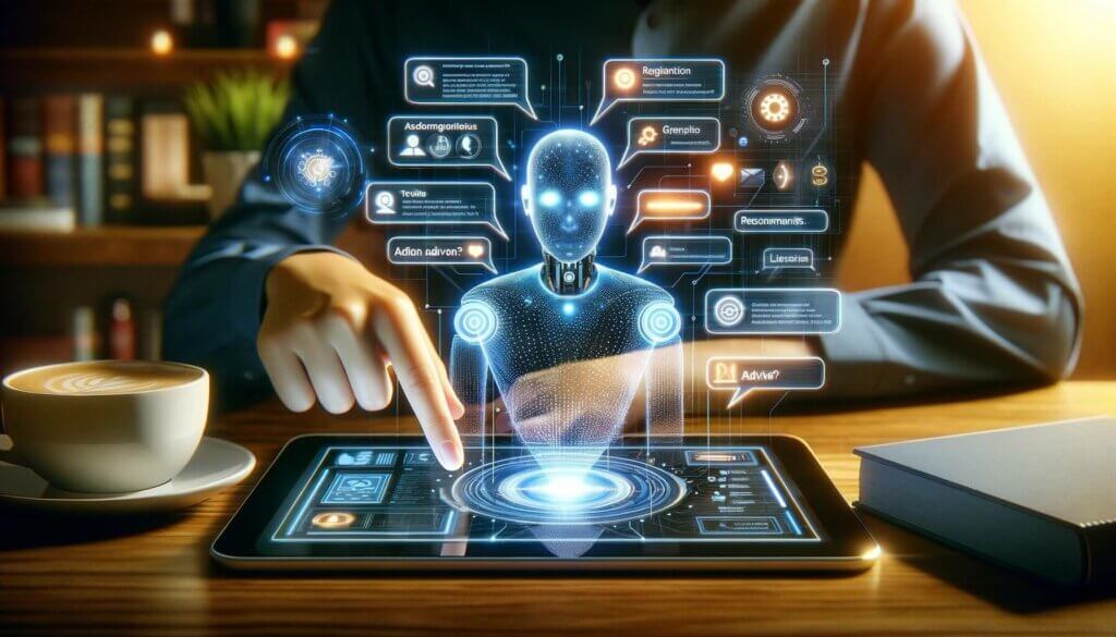 man sitting at desk working on tablet with ai robot hologram coming out of it.