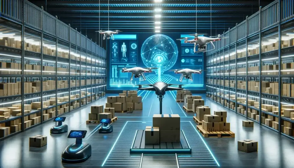 drones in a warehouse moving packages