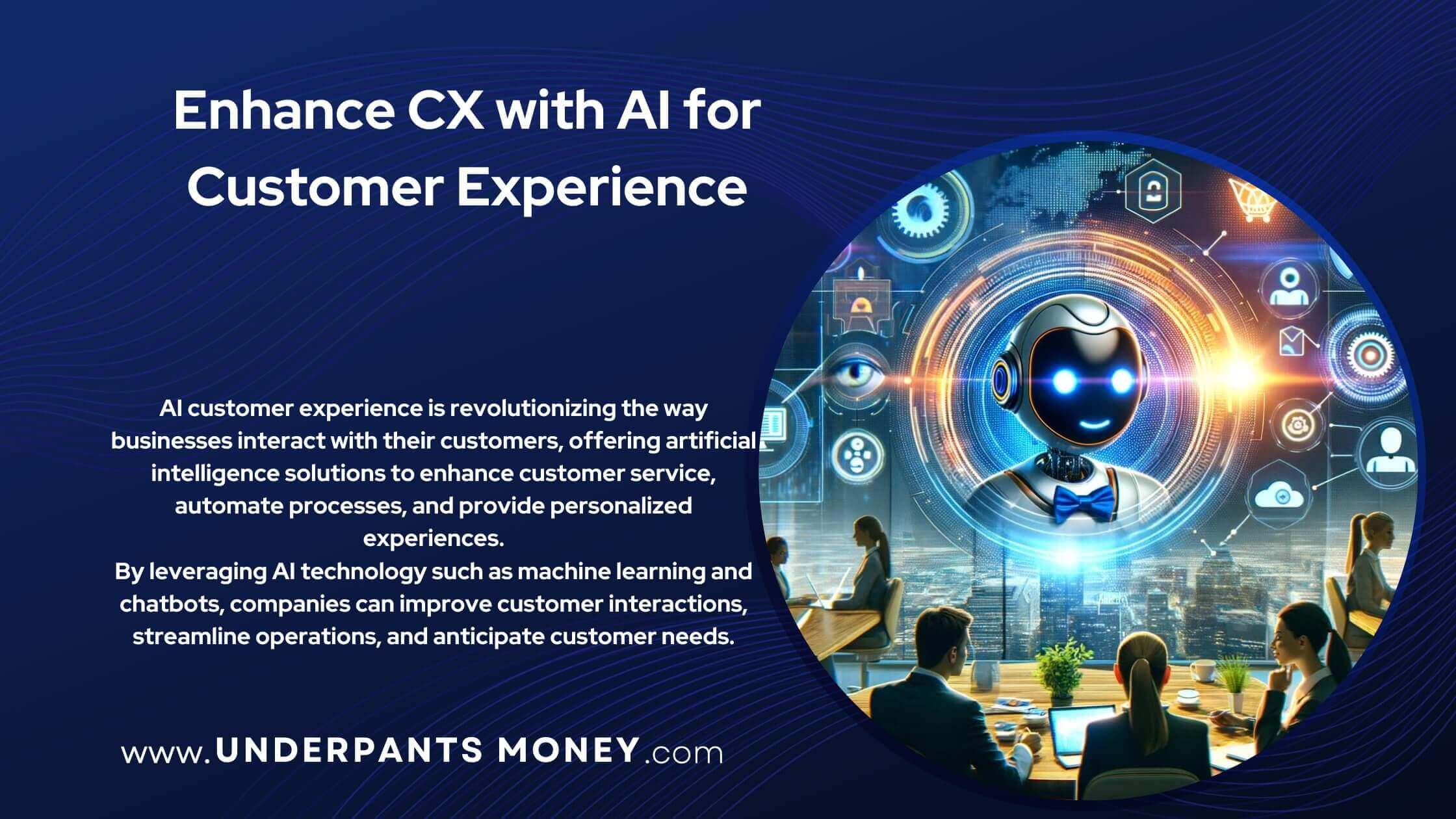 Enhance CX with AI for customer experience title on blue with description and robot working in an office to the right