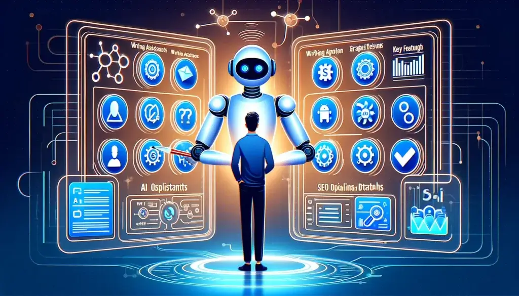 illustration of human standing in front of robot choosing which Ai writer to use