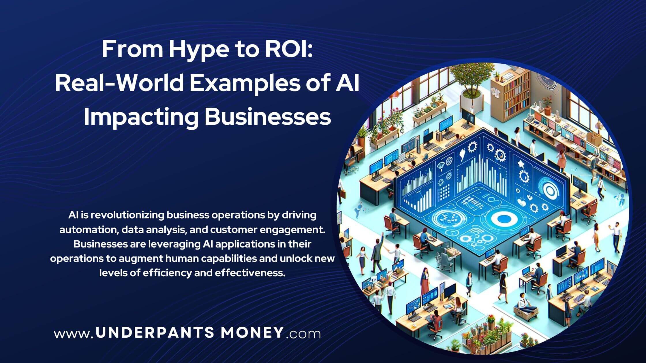 Ai impacting business title and description on blue with illustration of a business office using computers and ai