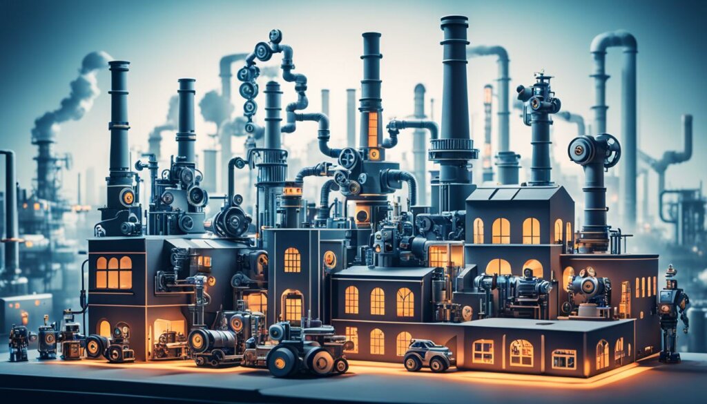 3d render of production facility with robots and pipes representing Ai creating