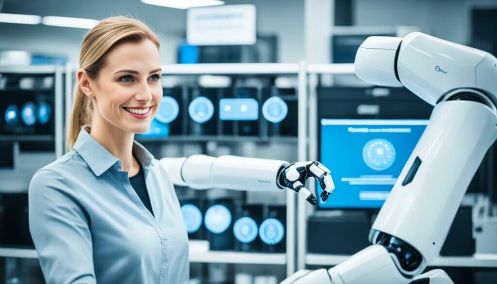 Woman looking at Robot arm in a lab with another robot arm coming out of her shoulder
