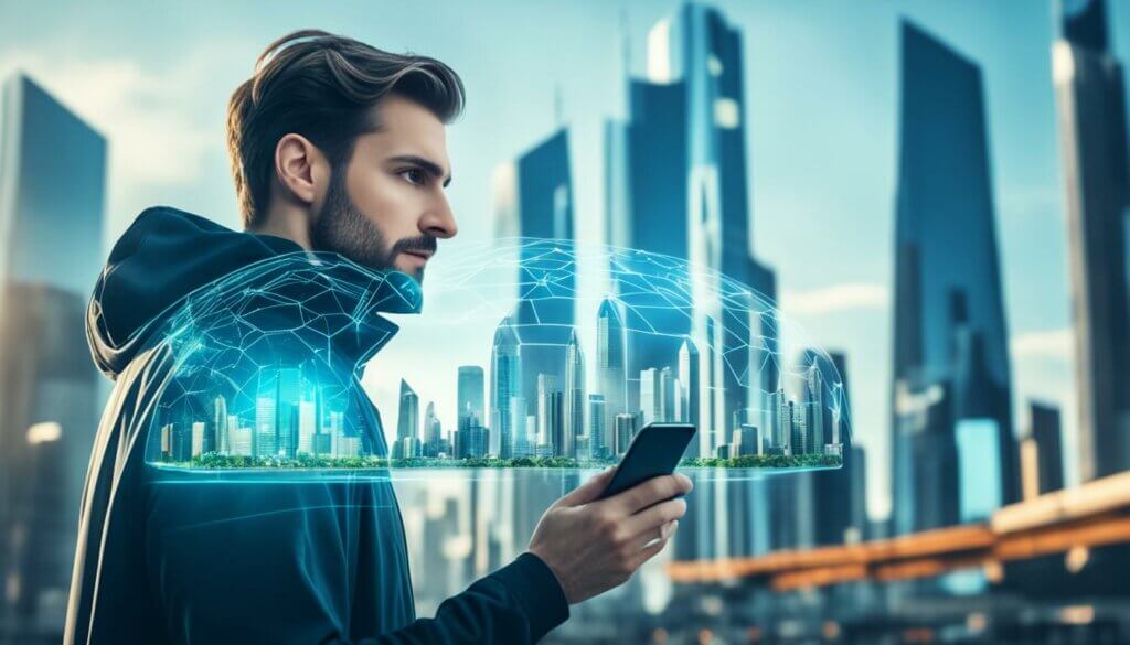 man holding phone with secured cyber city around him