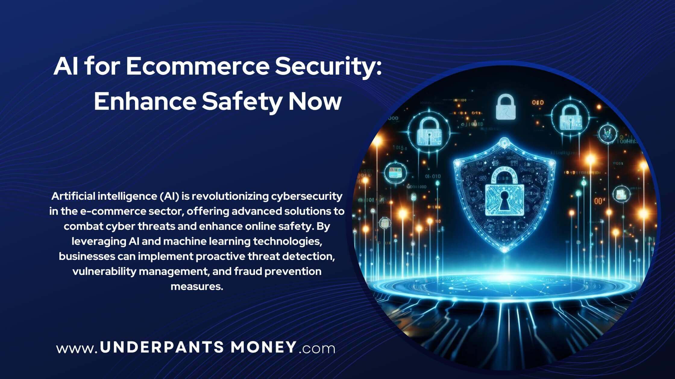 AI for ecommerce security title on blue with subtext and image of cyber security lock