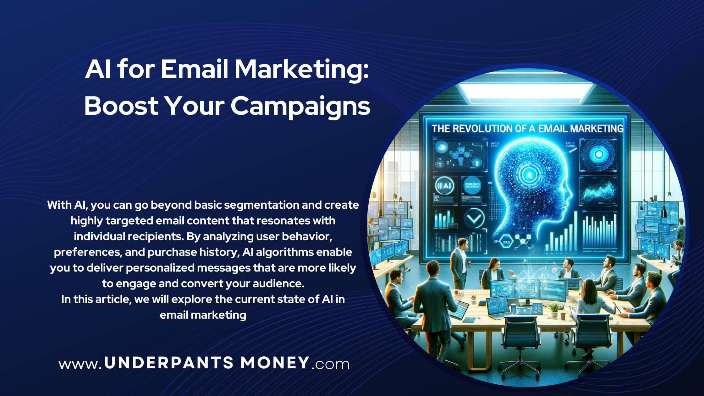 Ai for email marketing title and description on blue with image of ai brain helping people in an office