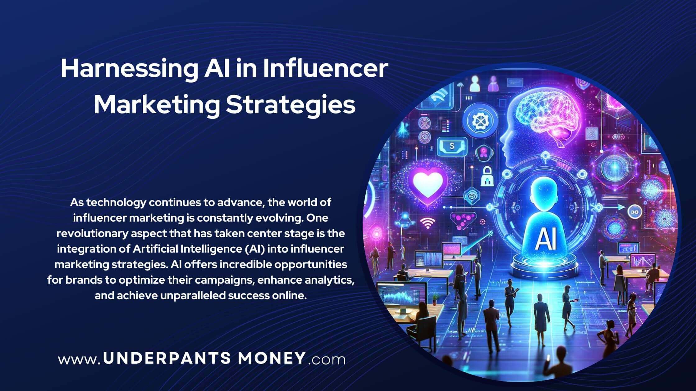 Ai for influencer marketing title with description on blue with image of large room fo people and an ai marketing with influencers