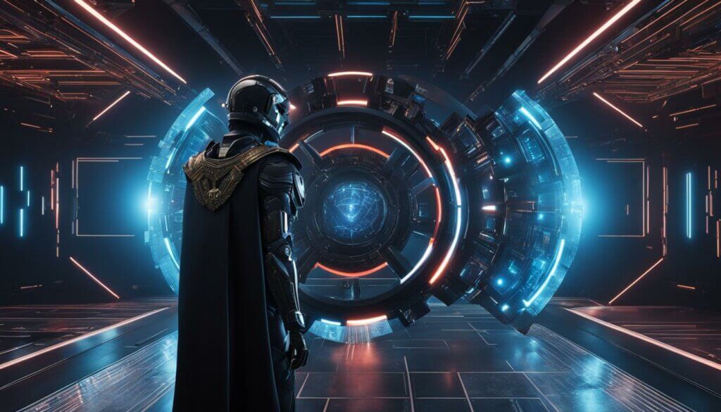robot in black standing in front of ai shield generator on a spaceship