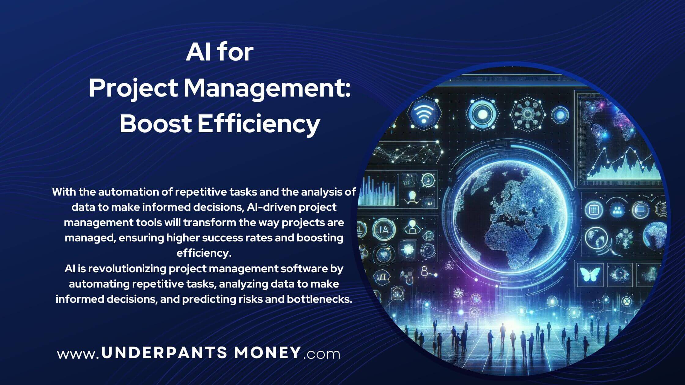 AI for project management title and description on blue with image of project management AI to the right