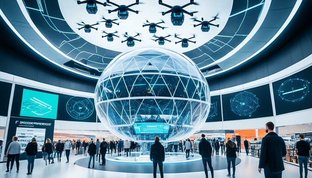 drones hovering over an ai protected security room with people all around