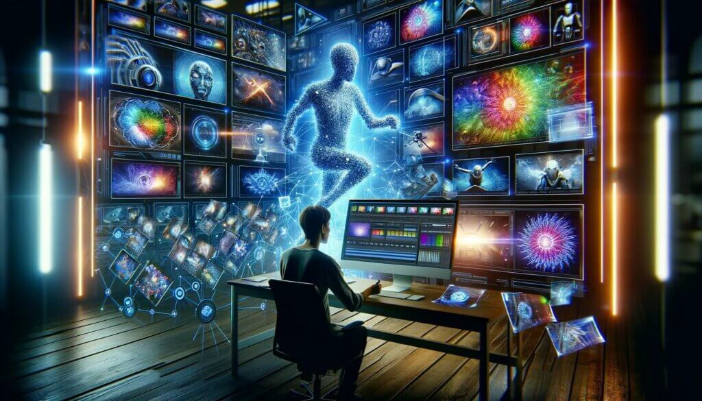 man sitting at computer editing with many monitors showing ai helping to edit the videos