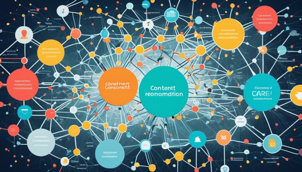 Content recommendations laid out in large idea bubbles connect with lines