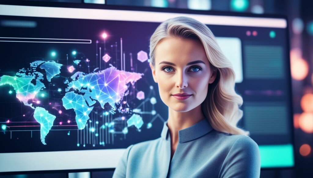 woman standing in front of ai powered computer monitor displaying a world map
