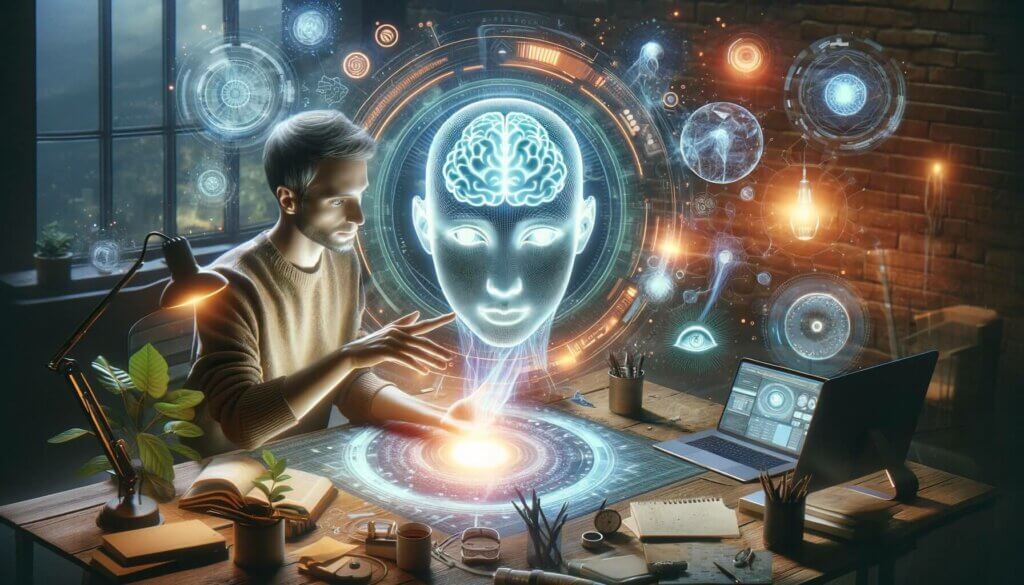 man sitting at desk manipulating futuristic ai interface to market with influencers