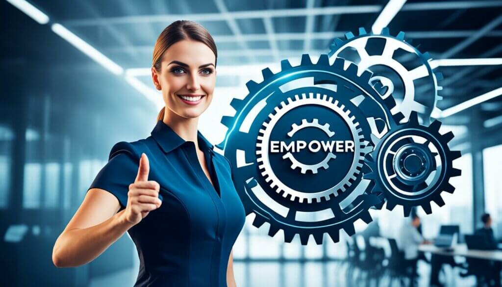 Woman giving thumbs up with floating gears next to her displaying Empower