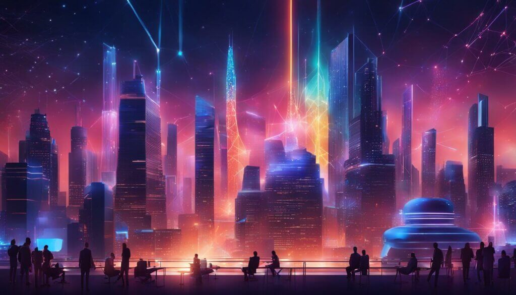 Futuristic city skyline with bright colors lighting up buildings and people looking
