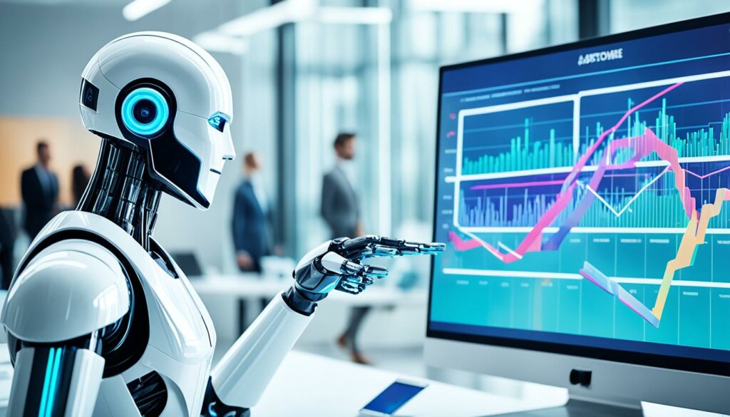 Robot AI looking at computer monitor Optimizing Sales