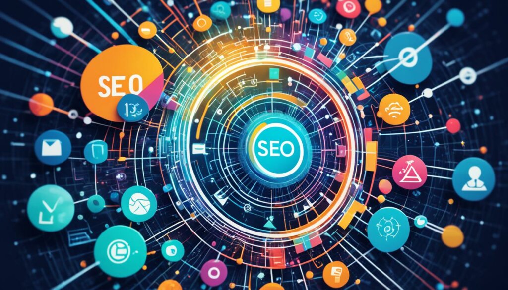 illustration of SEO connected to many circles in a ring pattern