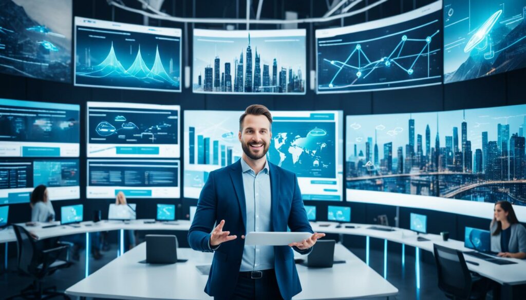Man standing in room with many monitors discussing ai powered sales strategy