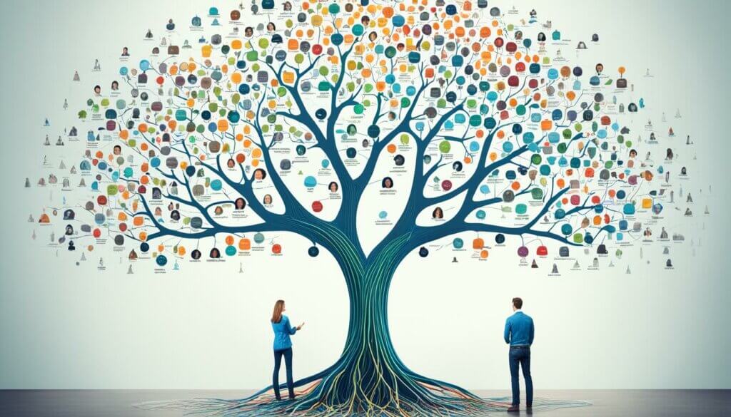 illustration of two people standing under a tree. all the leaves are people and connections