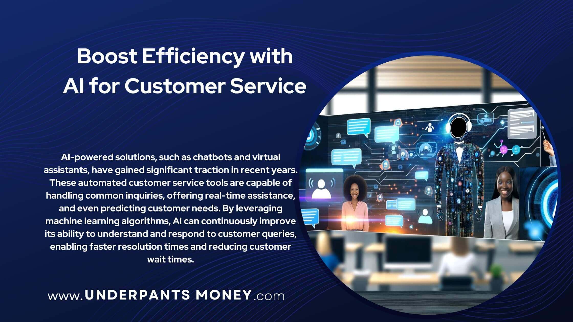 Ai for customer service title and description on blue with image of Ai chatbots helping customer services