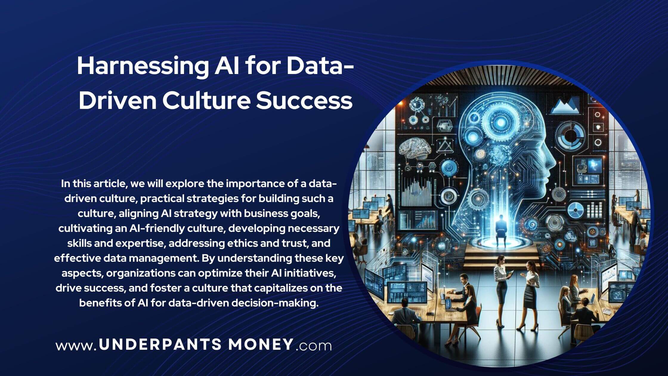 Ai for data driven culture title and description on blue with image of Ai helping a business succeed