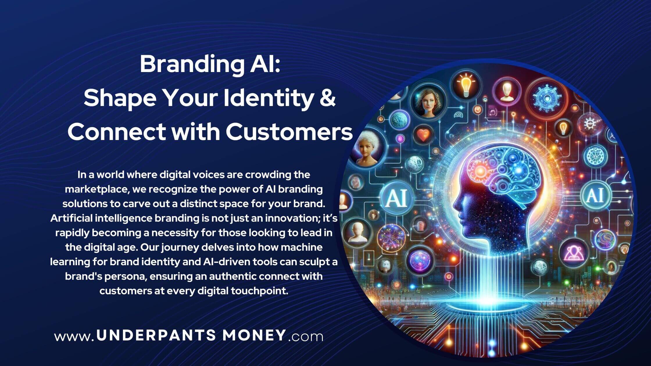 Branding AI title and description on blue with image of AI brain connecting personal branding elements
