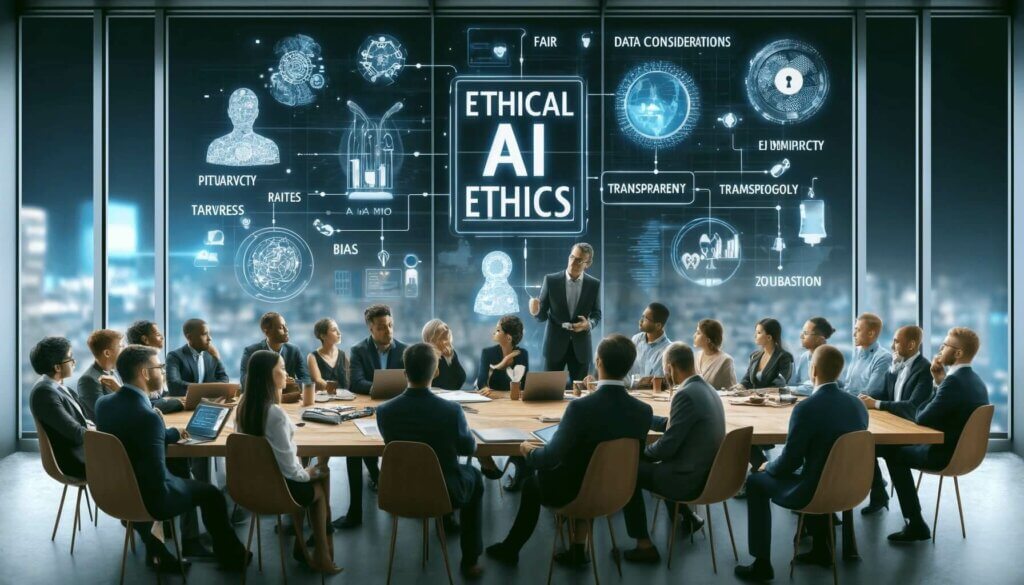 a group of people having a business meeting with an ethical Ai